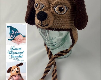 Crochet Pattern 076 - Long Ear Puppy Dog Beanie Hat - All Sizes
