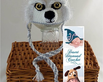 Crochet Pattern 081 - White Wolf Earflap Beanie Hat - All Sizes