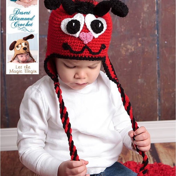 Crochet Pattern 053 - Valentine Love Bug Earflap Hat - All Sizes