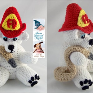 May include: White crocheted polar bear wearing a red firefighter hat with a yellow "FD" emblem. The bear is holding a brown crocheted fire hose.