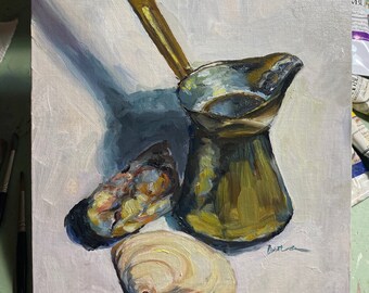 Coffee Time in Greece Seashell Coffee Pot Original Oil Painting 8x10 Beach Pebble