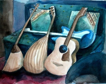 Original Watercolor Still Life -  Waiting Instruments