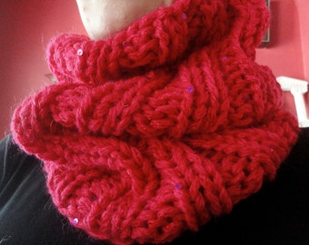 Cowl Neck Warmer Hand Knit Bulky Big Rib Knit With Sparkle and Style