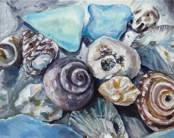 Greek Beach Glass Original Artwork 10x8 Oil Paint on Stretched Canvas Still Life Small Work