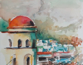 Kalymnos Greece Landscape Original Art Watercolor Painting