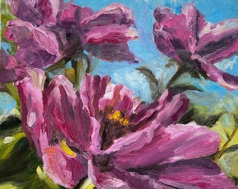 Sunny Pink Peony Painting Oil Floral Small  Square Shape Canvas Panel 8x8