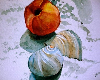 Shells and Peach At The Beach- Watercolor Painting Still Life Original Art