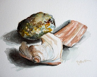 Seashell Bits and Pebble Original Watercolor Still Life