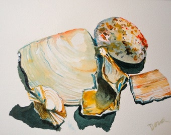 Four Seashells and Pebble Original Watercolor Still Life