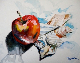 Apple with Broken Seashells Watercolor Original Artwork Small Works