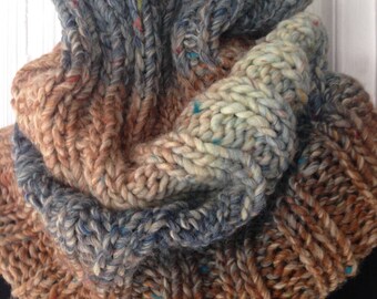 Cowl Neck Warmer Bulky Big Rib Variegated Color Blue  Copper Hand Knit