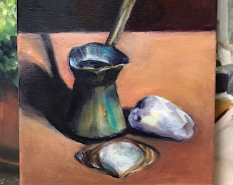 Armenian Coffee and Seashells Painting 8x10 Original Oil Stretched Canvas