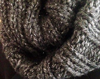 Cowl Neck Warmer Bulky Big Rib Hand Knit Scarf  Black Silver Metallic Sparkle