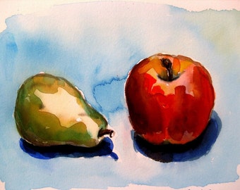 Pear and Apple -  Original Watercolor Painting  Still Life  9x12