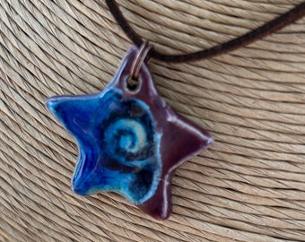 Glass Infused Pottery Star Necklace C1