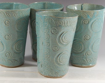 Hand built Tumbler, Turquoise, textured,stamped slab pottery