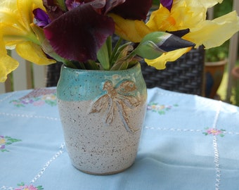 Dragonfly pottery utensil holder, vase,handmade,turquoise and white