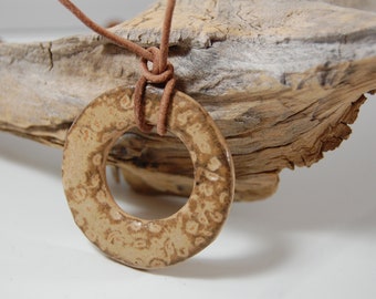 Casual pottery pendant Necklace - Handmade, Stamped. Leather necklace