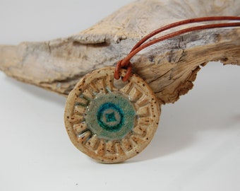 Glass Infused Pottery Pendant Necklace - Handmade, Stamped.  Jo2