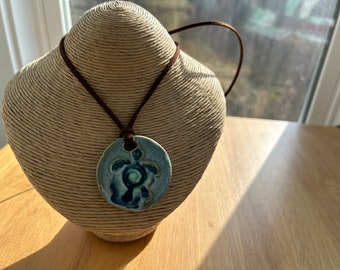 Glass Infused Pottery Turtle Necklace C6