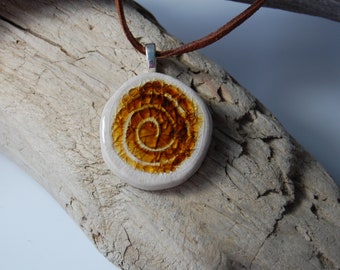 Pottery Glass Infused Pendant J50 Brown Glass on Porcelain