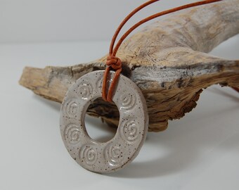 White Stamped Pottery Pendant Necklace - Handmade, Stamped.     J22A