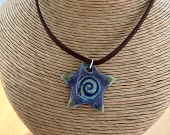 Glass Infused Pottery Star Necklace C4