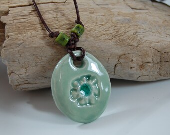 Pottery Glass Infused Pendant J08 Turquoise Glass on Porcelain