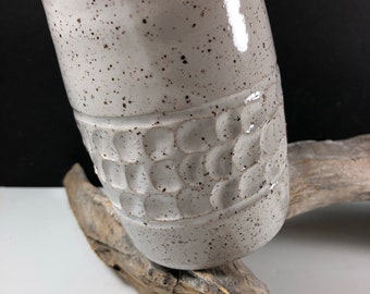 Pottery Tumbler, Carving, White With Carving
