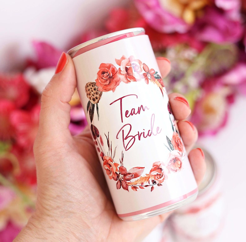 Prosecco drinks cans banderoles stickers for JGA decoration wedding red flowers roses boho image 2