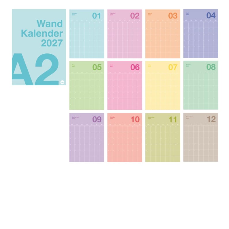 Op de afbeelding: Een wandkalender voor 2027 met twaalf maandpagina's in pastelkleuren, elk met een rasterindeling. De voorpagina toont de tekst Wand Kalender 2027 A2 in het blauw. Elke maand is genummerd van 01 tot 12 in een strak, modern schreefloos lettertype.