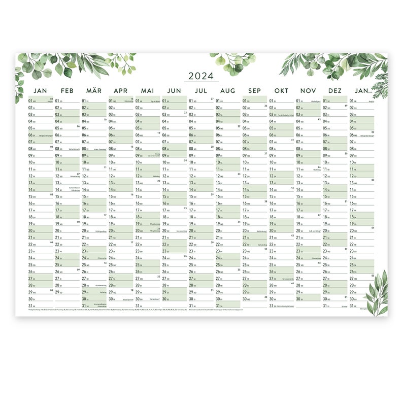 A1 Wandkalender 2024 GREENERY gefaltet Jahreskalender Querformat 84x60cm klimaneutraler Wandplaner 13 Monate Feiertagen/Kalenderwochen Bild 3