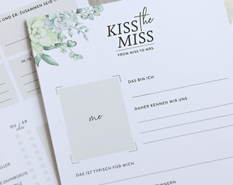 JGA Karten A5 zum Ausfüllen - Miss to Mrs, eleganter Junggesellinnenabschied zur Hochzeit, JGA Spiel - Braut als Gästebuch