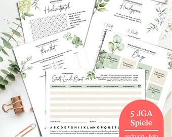 Dossier de jeux JGA - 5 jeux, 25 cartes A5 imprimées. Mariée Bingo, espion téléphone portable, puzzle, ceci ça, mariée ville campagne pour 5 femmes décoration JGA