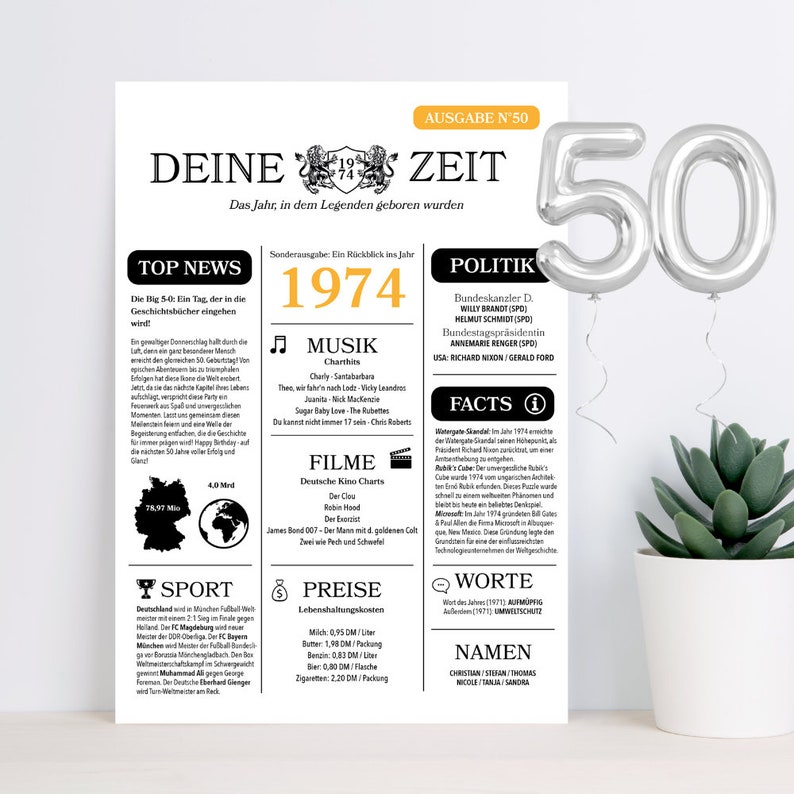 50th birthday funny personalized birthday card or poster with year 1974 newspaper layout image 1