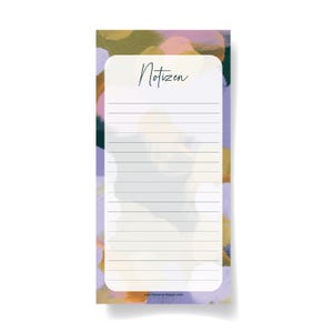 Könnte beinhalten: Ein farbenfroher Notizblock mit einem abstrakten Design in Lila, Rosa und Gelb. Der Notizblock hat liniertes Papier und das Wort "Notizen" oben.
