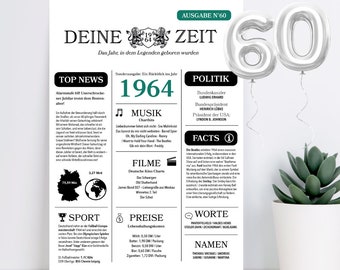 60. Geburtstag - lustige personalisierte Geburtstagskarte oder Plakat mit Jahr 1964 Zeitung Layout