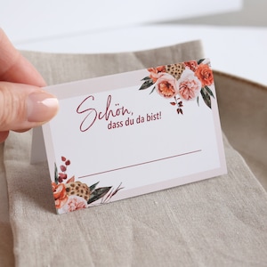 Elegante Tischkarten RED LOVE für die Hochzeit im floralen Boho Design - Namensschilder für den Tisch Platzkarten