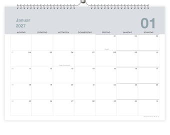 May include: A wall calendar for January 2027 with a light gray header featuring the text 'Januar 2027' and '01'. The grid displays days of the week in German, including Montag through Sonntag, with numbered dates from 01 to 31 in a white layout.