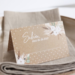 Elegante Tischkarten BOHO CHIC für die Hochzeit im Pampasgras Kraftpapier Design - Namensschilder für den Tisch Platzkarten