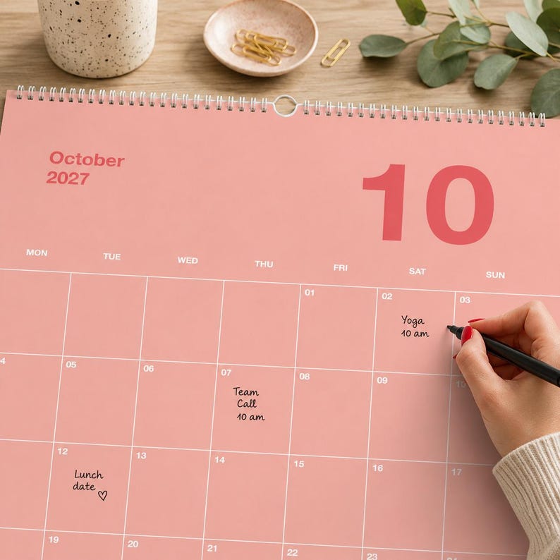 Op de afbeelding: Een wandkalender voor oktober 2027 met een effen roze achtergrond en witte rasterlijnen. De kalender bevat de tekst October 2027 en het cijfer 10 in een groot lettertype. Handgeschreven notities zijn onder andere Yoga 10 am, Team Call 10 am en Lunch date.