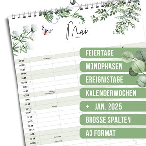 A3 / 5 Spalten Familienplaner 2024 Greenery Eukalyptus Familienkalender 2024, Wandkalender A3 Bild 3