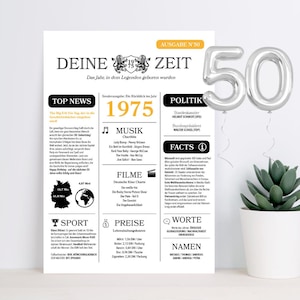 50. Geburtstag - lustige personalisierte Geburtstagskarte oder Plakat mit Jahr 1975 Zeitung Layout