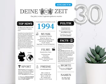 30. Geburtstag - lustige personalisierte Geburtstagskarte mit Jahr 1994 im Zeitung Layout