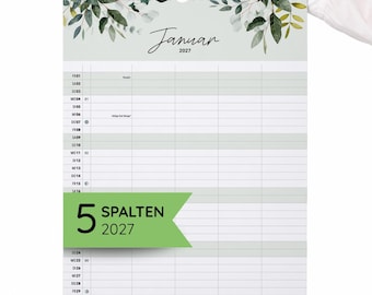 Op de afbeelding: Een wandkalender voor januari 2027 met een botanische illustratie van eucalyptusbladeren aan de bovenkant. Het kalenderraster bevat vijf verticale kolommen voor planning, met een groene banner met de tekst 5 SPALTEN 2027.