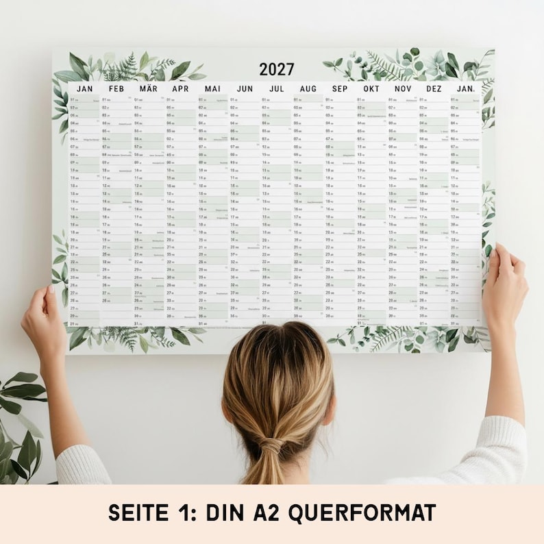 2027 Wall Planner A2 heaven+paper I Greenery rolled I Portrait or landscape format I Annual calendar wall planner school holidays / public holidays / calendar weeks image 2