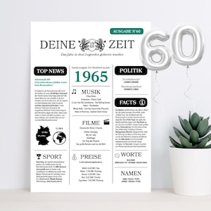 60. Geburtstag - lustige personalisierte Geburtstagskarte oder Plakat mit Jahr 1965 Zeitung Layout