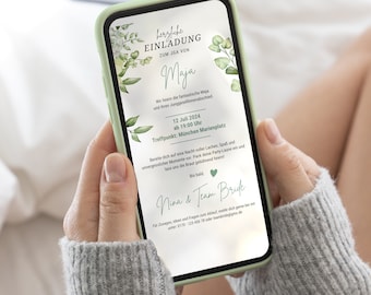 Digitale Einladung für den JGA Greenery, (Zwei Versionen: Braut und Team Braut) als Download zum versenden per WhatsApp oder zum ausdrucken