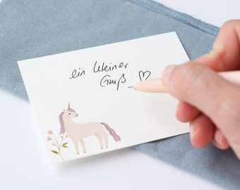 50 mini cartes A7 Licorne & Papillon avec boîte transparente comme petite carte de vœux, étiquette cadeau, note pour petits vœux enfants bébé