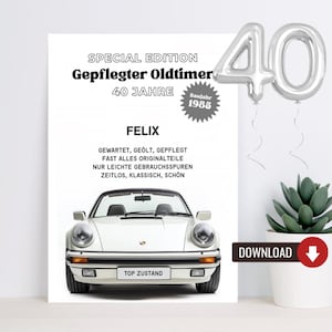 Prezent dla męża na 40. urodziny | Plakat i kartka z życzeniami | Prezent urodzinowy w ostatniej chwili PDF Natychmiastowe pobieranie Vintage Car 1985